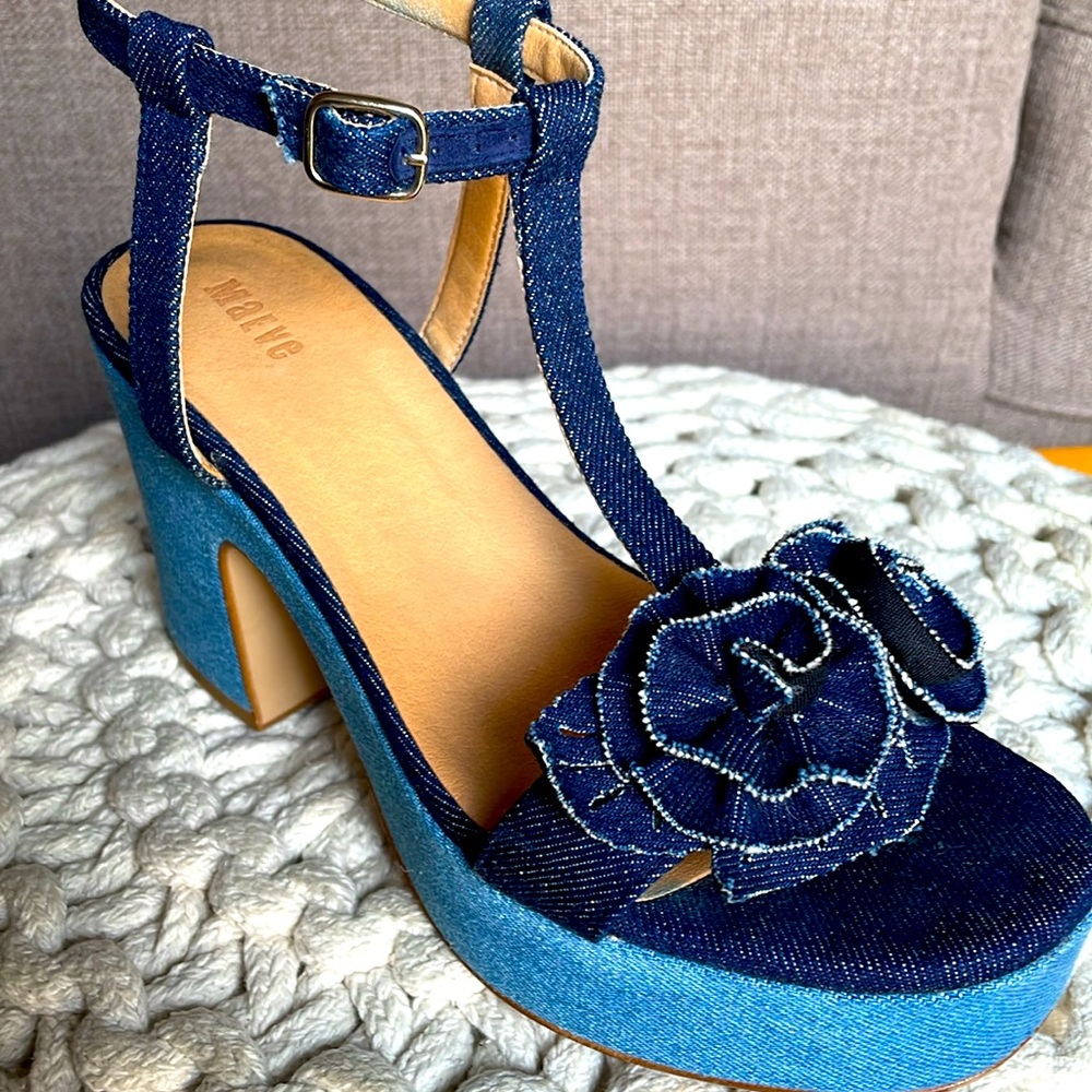 Maeve Two-Tone Denim Platform Sandals with Rosette - Picture 7 of 16